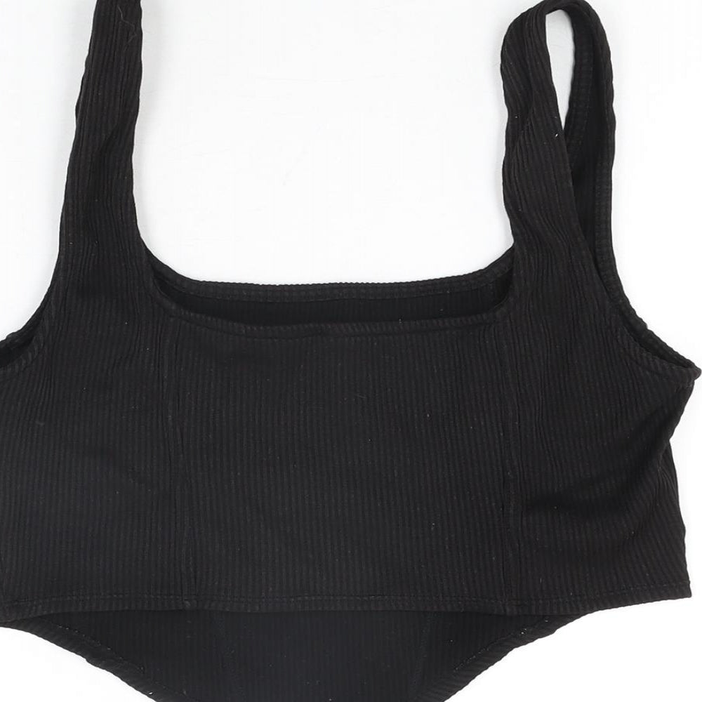 H&M Womens Black Polyester Cropped T-Shirt Size M Square Neck