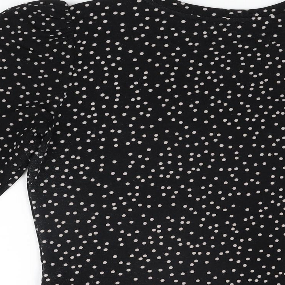 Warehouse Womens Black Polka Dot Polyester Basic T-Shirt Size 10 Round Neck