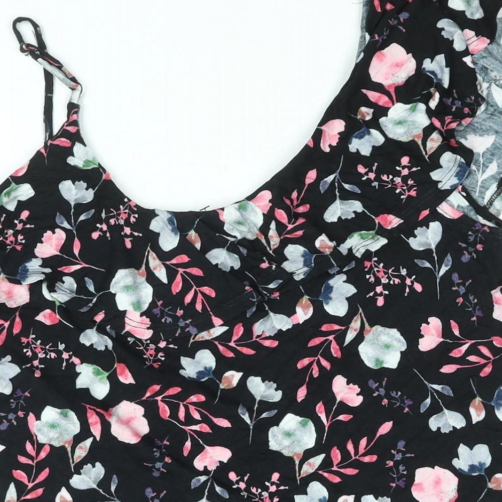 Very Womens Black Floral Viscose Basic Blouse Size 16 Scoop Neck - Frill