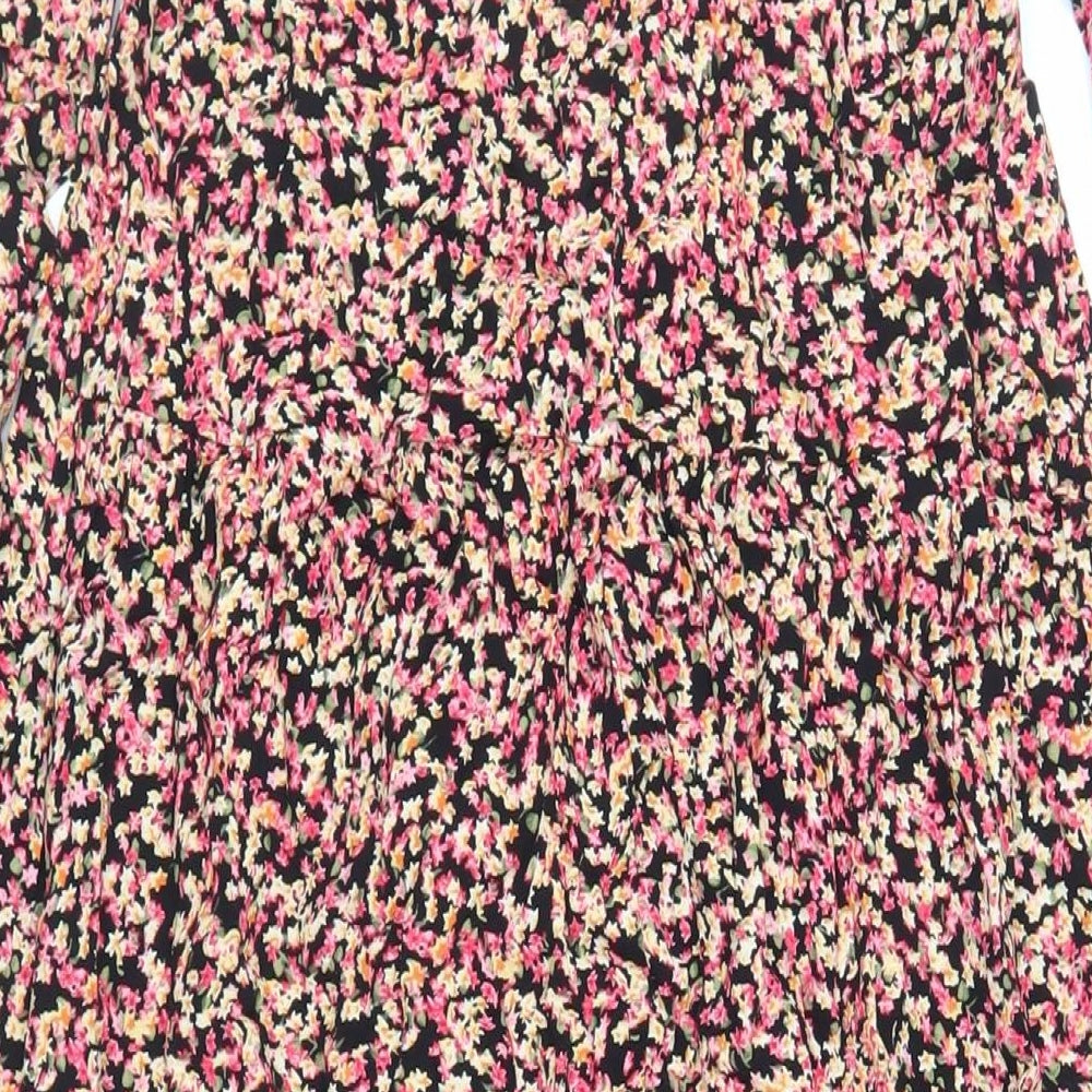 H&M Womens Black Floral Viscose A-Line Size M Round Neck Button