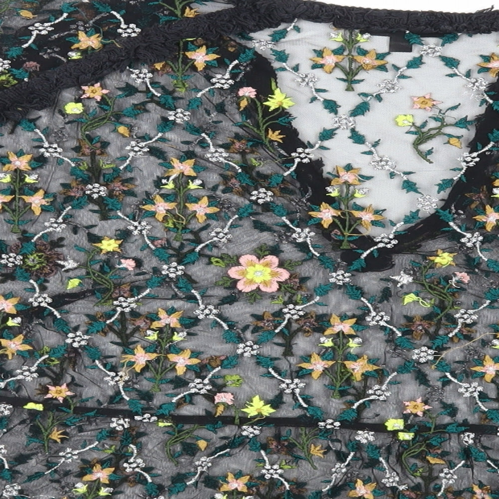 Topshop Womens Black Floral Nylon Basic Blouse Size 10 V-Neck - Embroidered Sheer