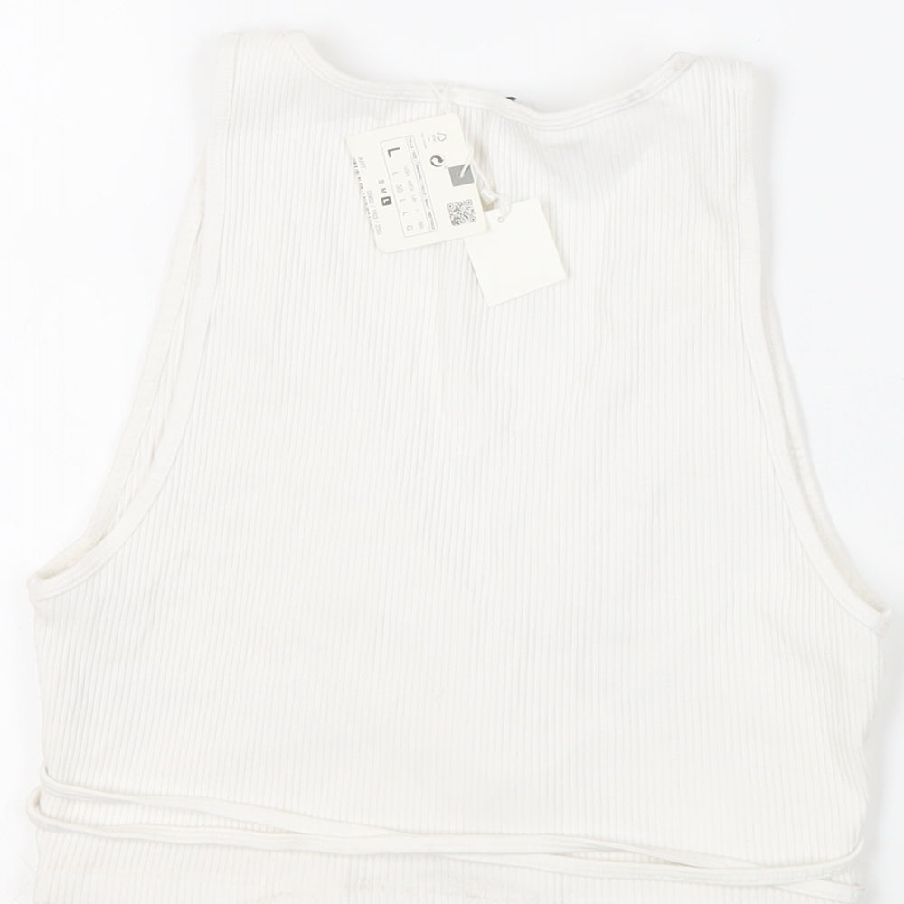 Zara Womens White Cotton Cropped Tank Size L V-Neck - Ribbed