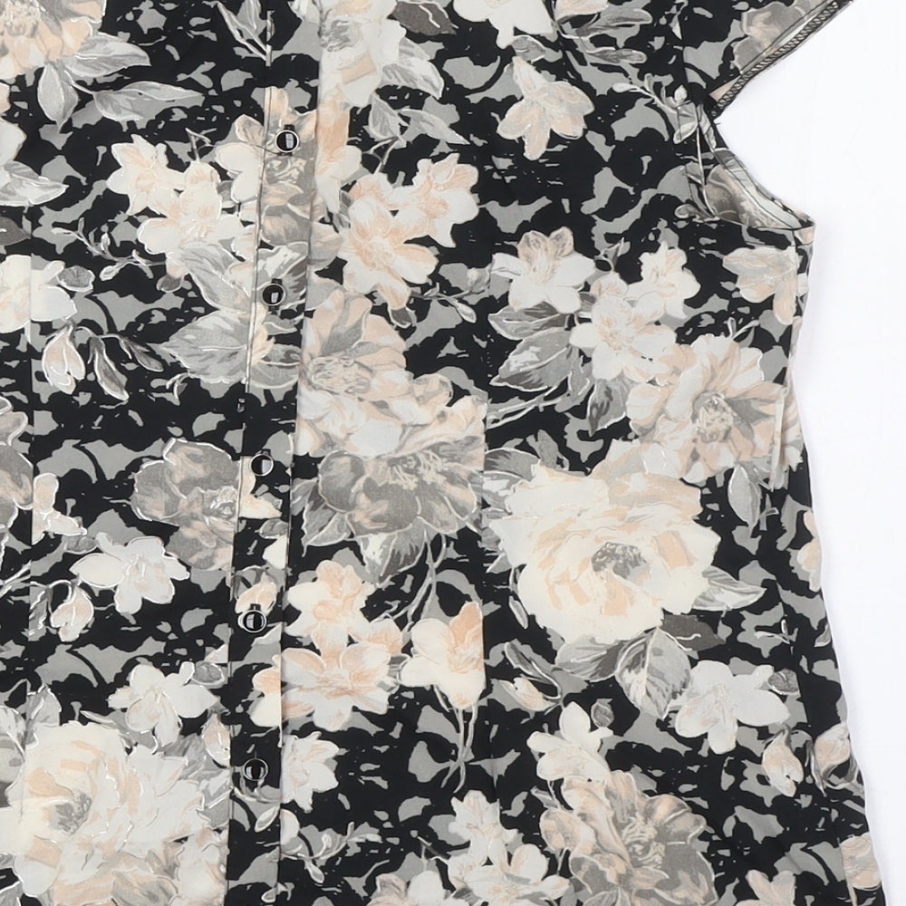Dorothy Perkins Womens Black Floral Polyester Basic Button-Up Size 12 Boat Neck