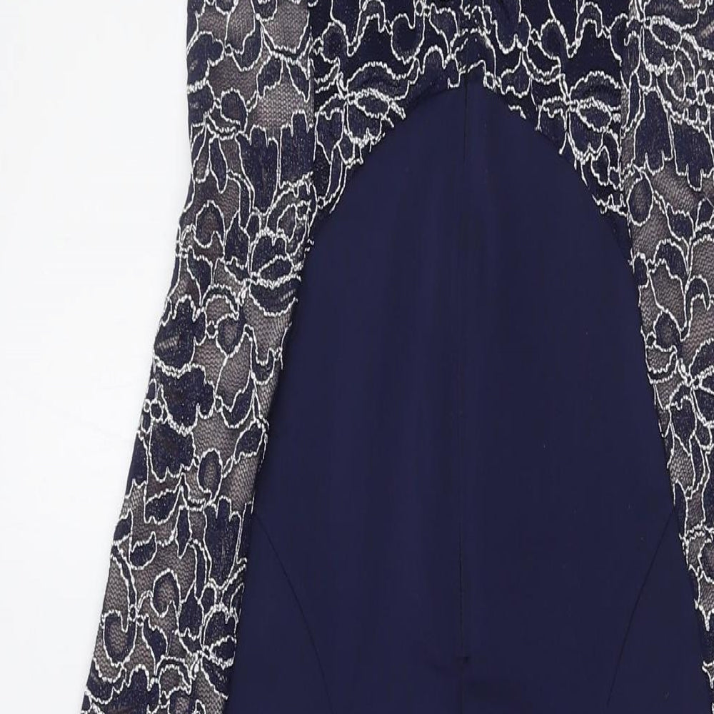 Lipsy Womens Blue Polyester A-Line Size 10 Round Neck Zip - Lace Panels