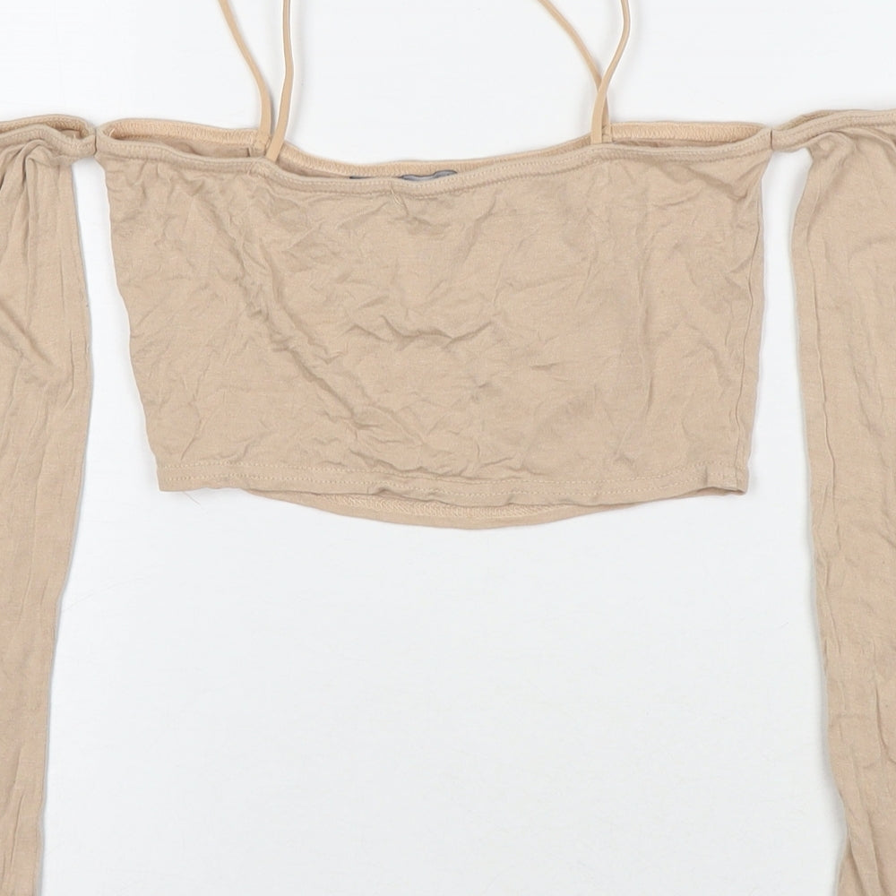 PRETTYLITTLETHING Womens Beige Viscose Cropped T-Shirt Size 6 Off the Shoulder - Cold Shoulder