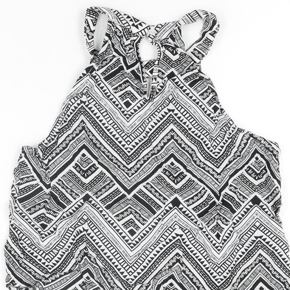 H&M Womens White Geometric Viscose Cropped T-Shirt Size 8 Round Neck
