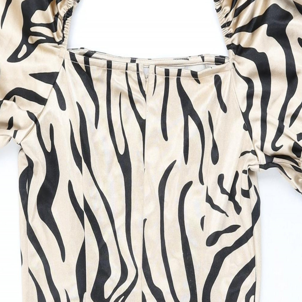 Quiz Womens Beige Animal Print Polyester Bodycon Size 10 Square Neck Zip