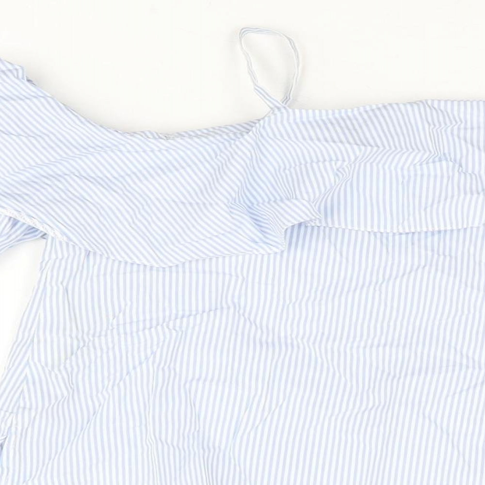 Topshop Womens Blue Striped Cotton Basic T-Shirt Size 8 Off the Shoulder