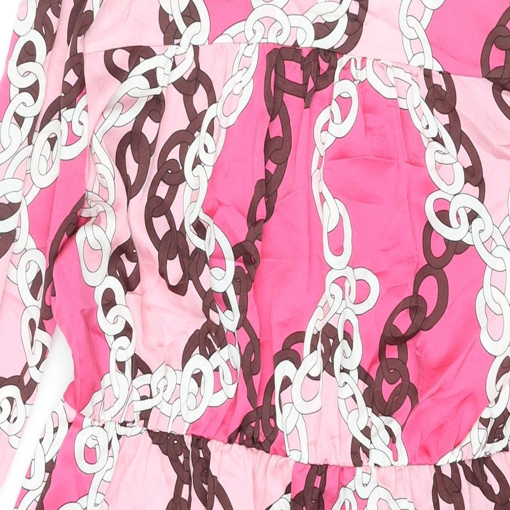 Dunnes Womens Pink Geometric Polyester Shirt Dress Size M Collared Button - Tie Detail Chain Print