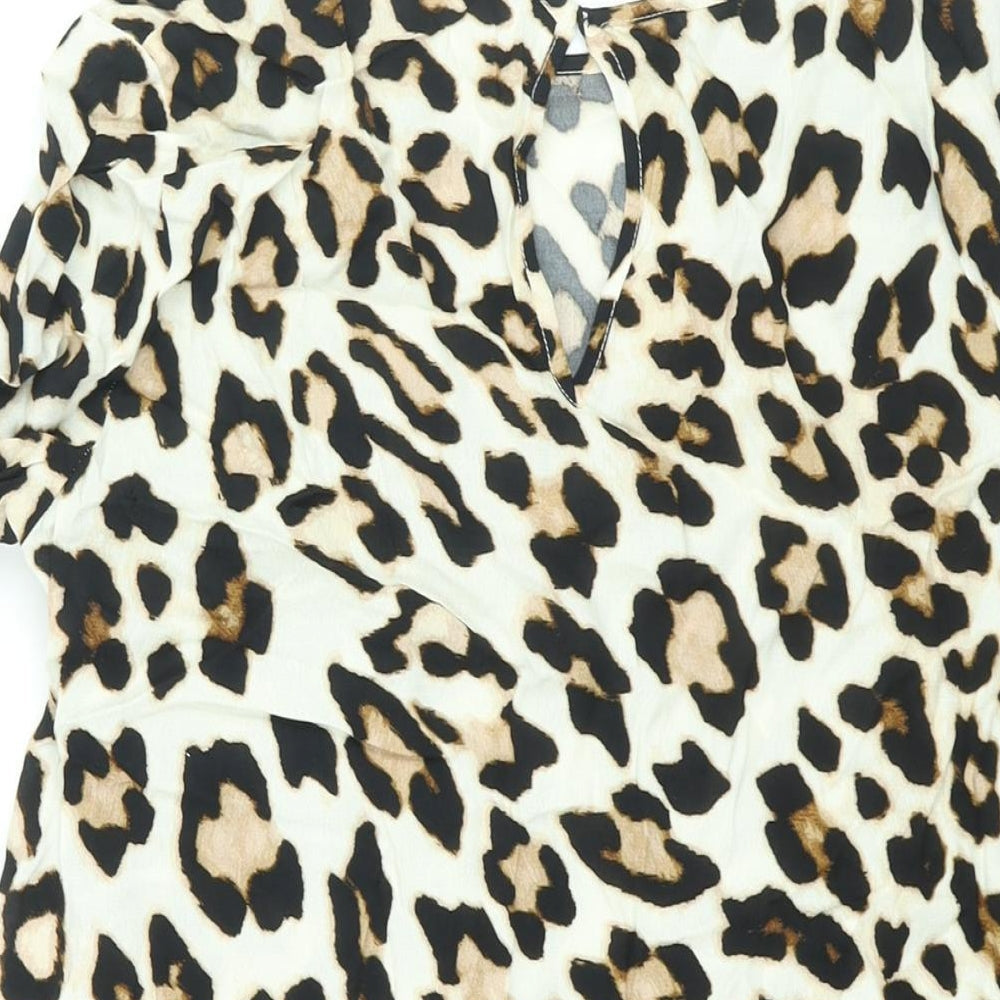 H&M Womens Beige Animal Print Viscose Basic Blouse Size 10 Round Neck - Leopard Print