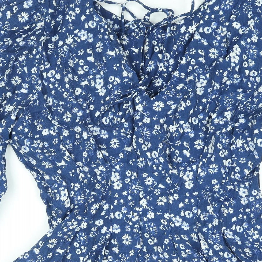NEXT Womens Blue Floral Viscose Basic Blouse Size 12 Boat Neck - Peplum Tie