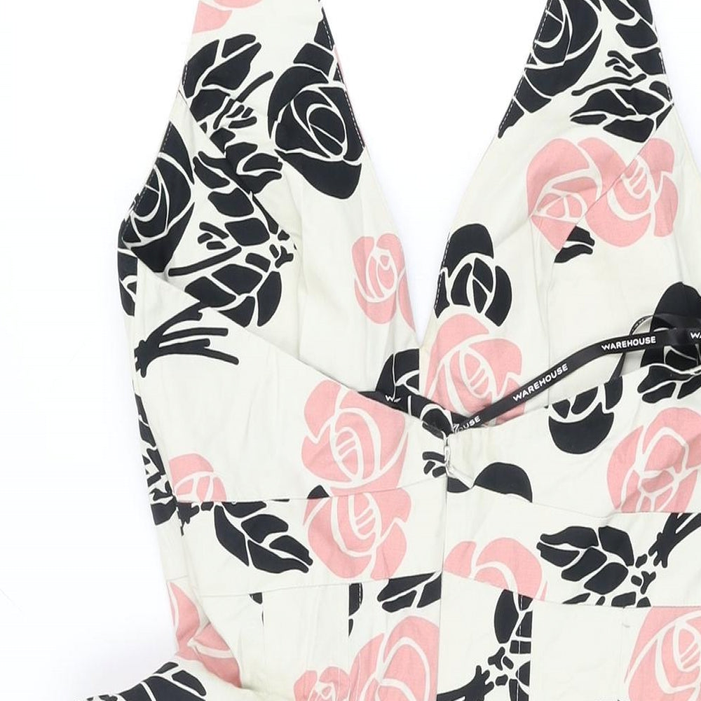 Warehouse Womens Ivory Floral Cotton A-Line Size 10 Halter Zip