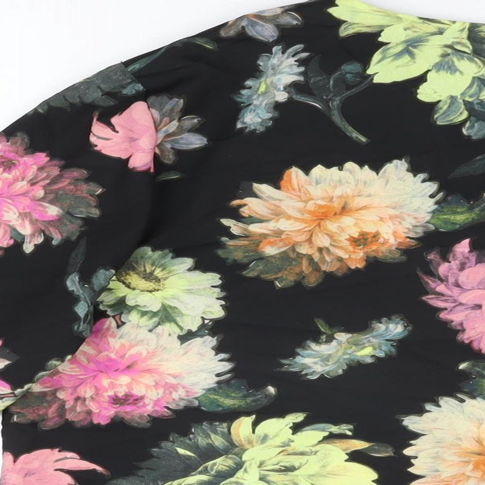 Warehouse Womens Black Floral Polyester Basic Blouse Size 16 Round Neck