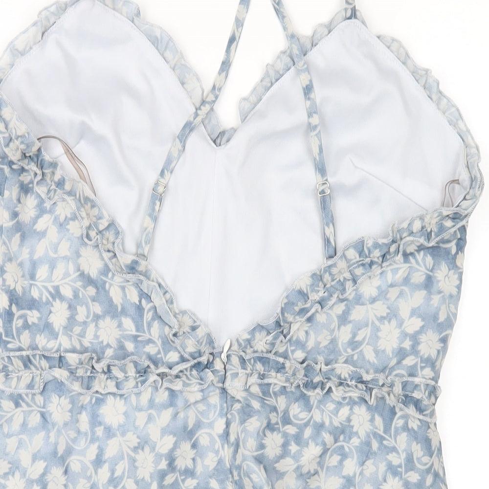 Parisian Womens Blue Floral Polyester A-Line Size 12 V-Neck Zip