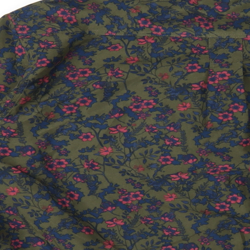 Cotton Traders Mens Green Floral Polyester Button-Up Size M Collared Button