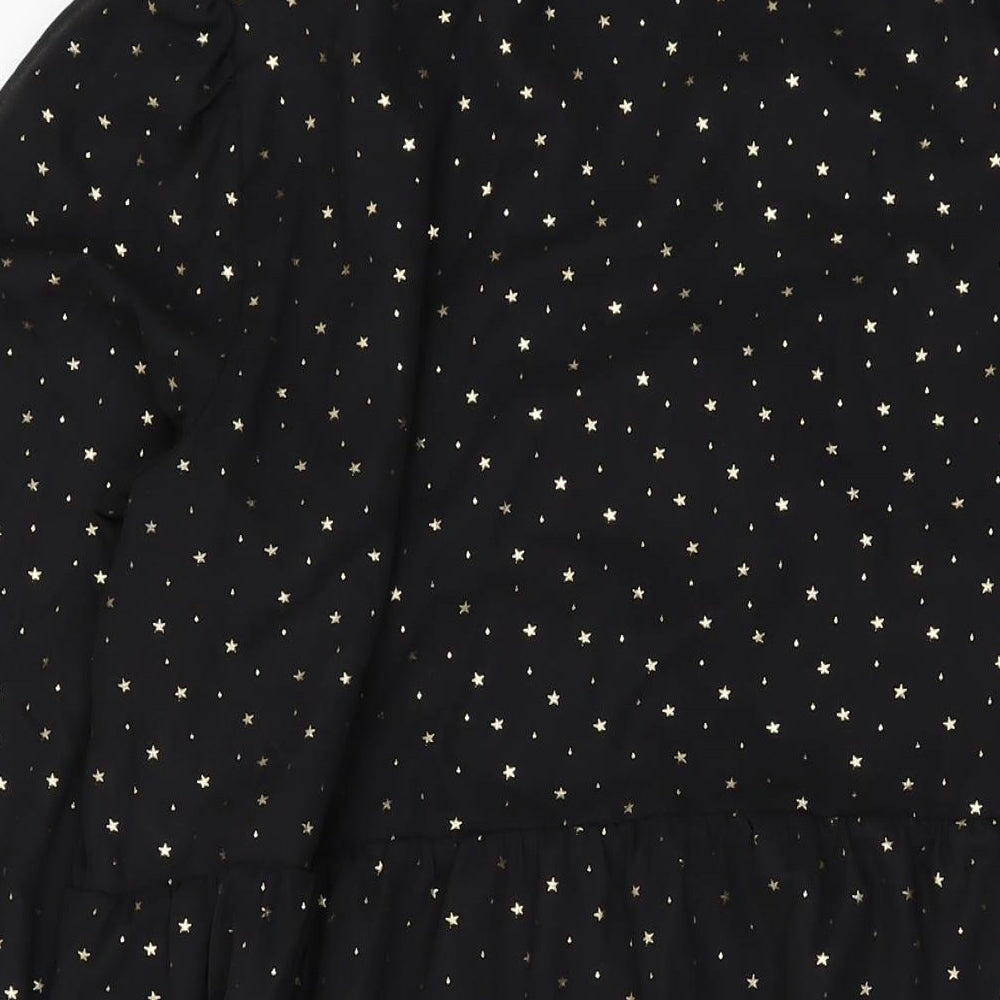 Marks & Spencer Womens Black Geometric Polyester A-Line Size 14 Collared Button
