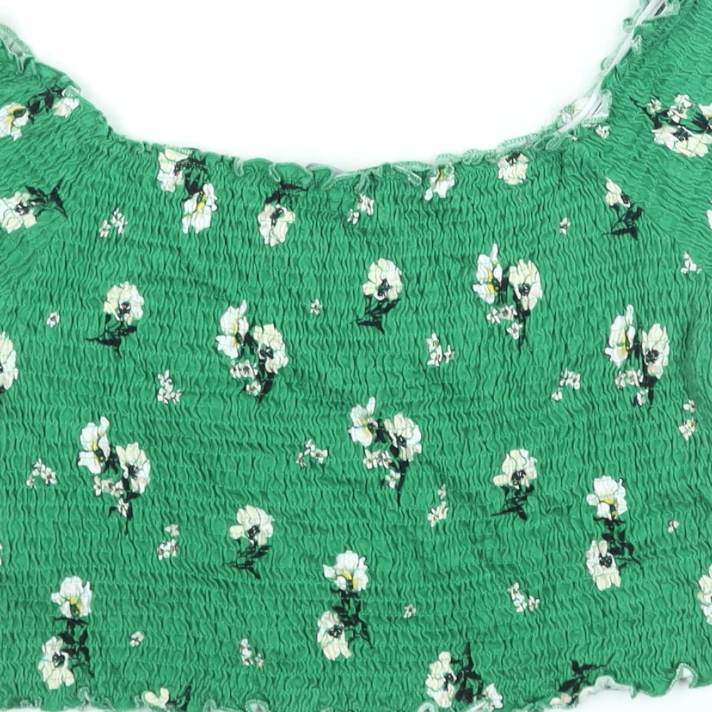 New Look Womens Green Floral Cotton Basic Blouse Size 16 Boat Neck - Rouched