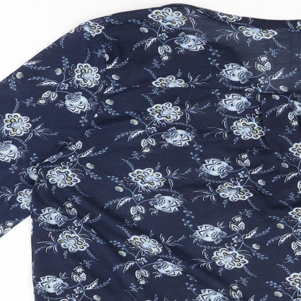 H&M Womens Blue Floral Polyester Basic T-Shirt Size S V-Neck