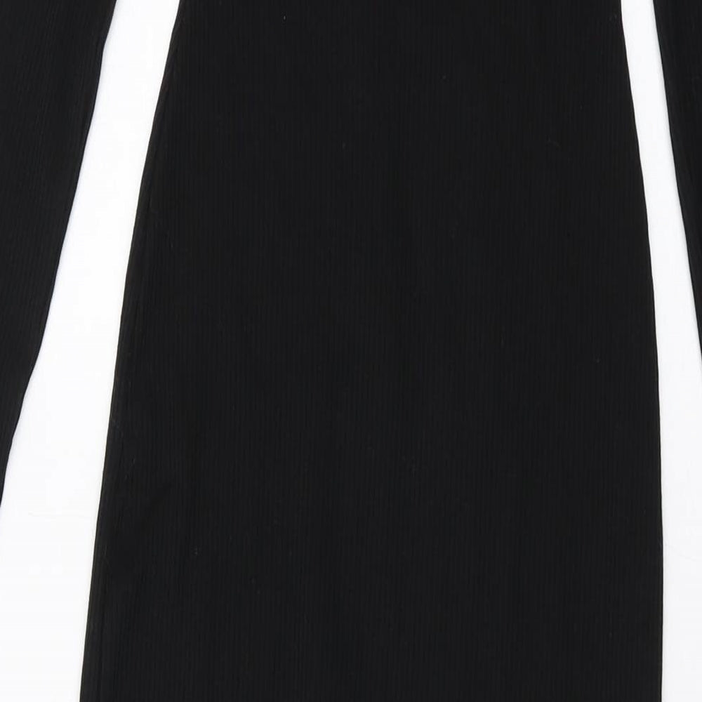 Brand and care label for ASOS women’s black polyester bodycon, size UK 8, v-neck pullover