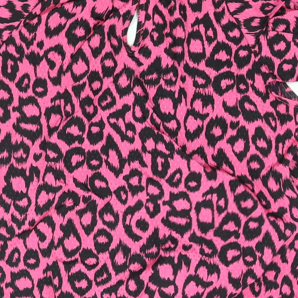 River Island Womens Pink Animal Print Polyester Basic Blouse Size 14 Round Neck - Leopard Print