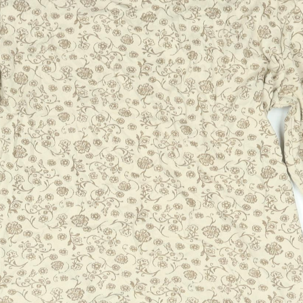 M&Co Womens Beige Floral Cotton Basic T-Shirt Size S Round Neck - Button Detail