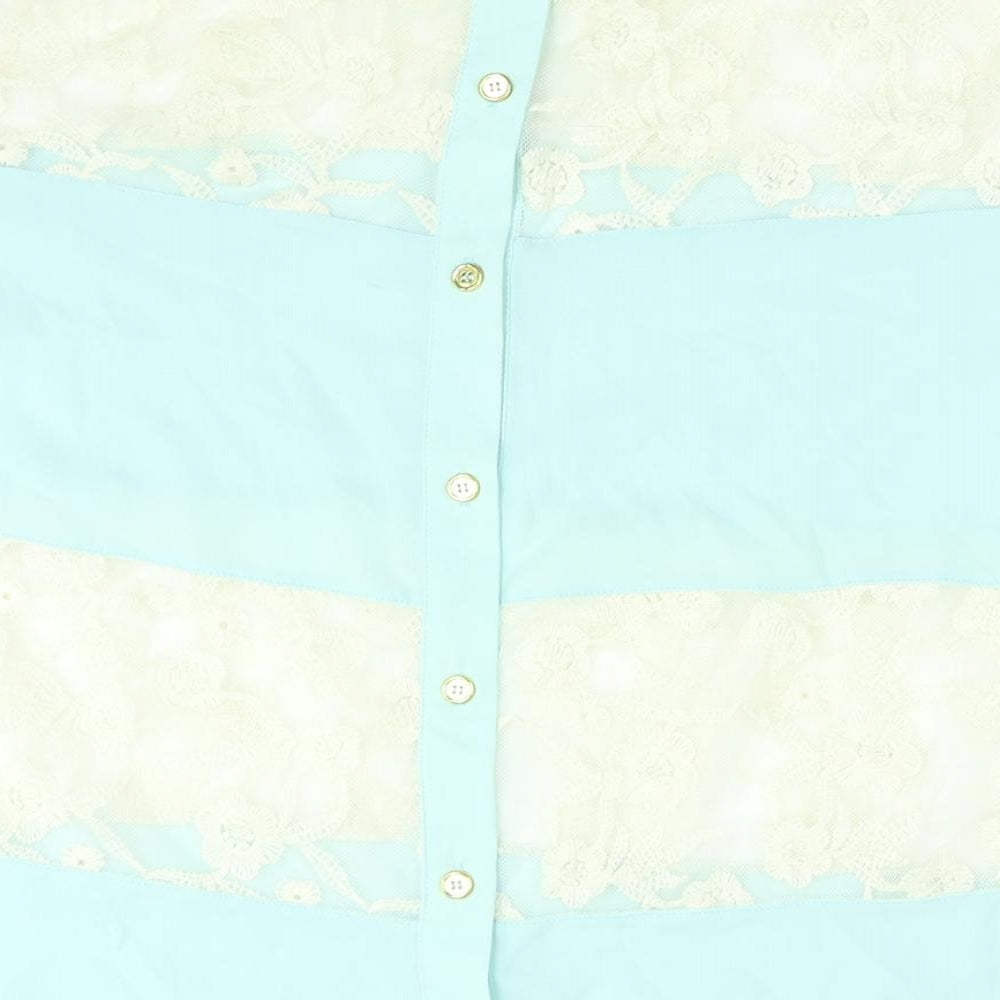 FOREVER 21 Womens Blue Colourblock Polyester Basic Blouse Size L Round Neck - Lace Panel