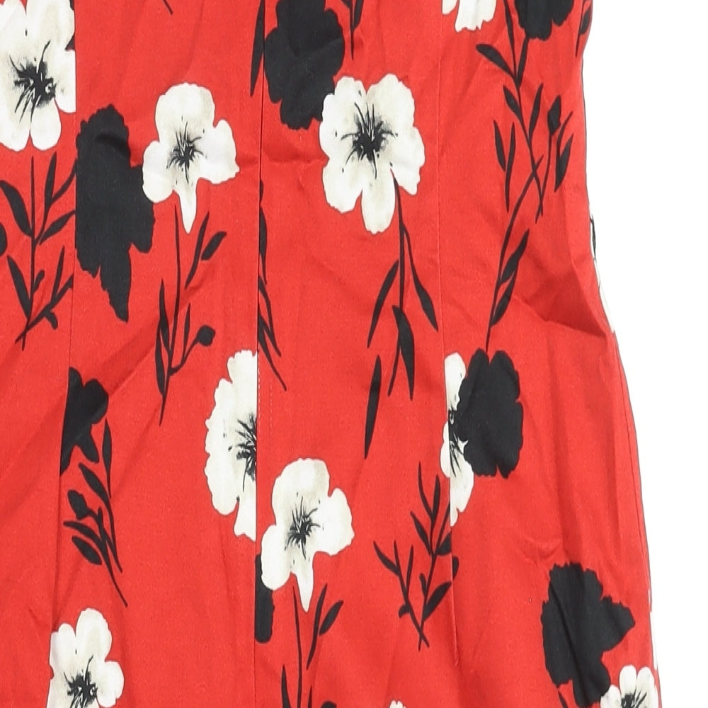 Solo Womens Red Floral Cotton Shift Size 12 Boat Neck Zip