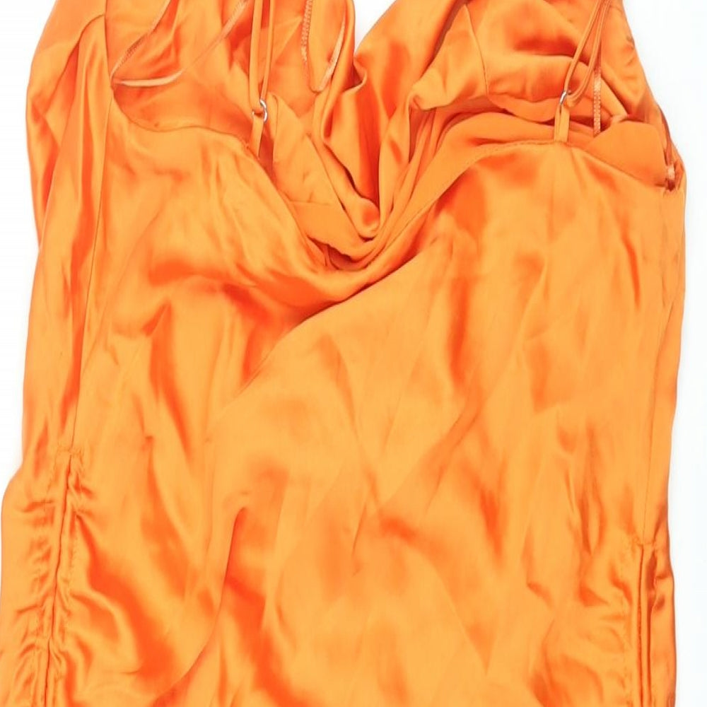 Zara Womens Orange Polyester Slip Dress Size L Cowl Neck Pullover - Drawstring Detail