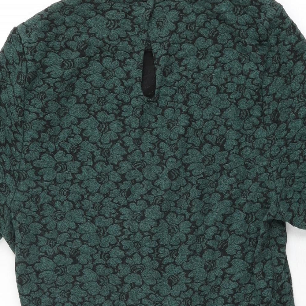 Topshop Womens Green Floral Cotton Skater Dress Size 12 Round Neck Button