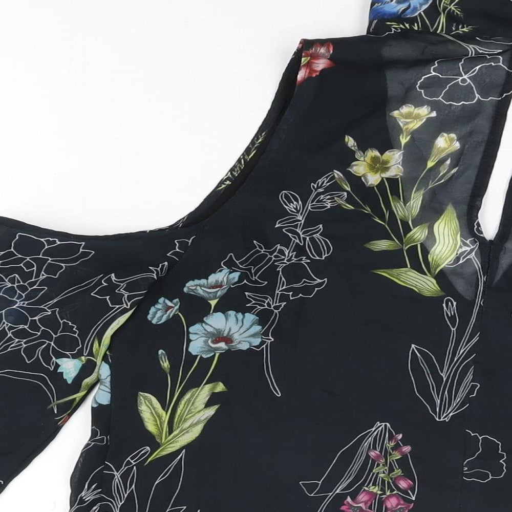 River Island Womens Black Floral Polyester Basic Blouse Size 8 Round Neck