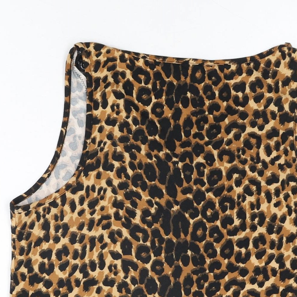 Belle Vere Womens Beige Animal Print Polyester Basic T-Shirt Size S V-Neck