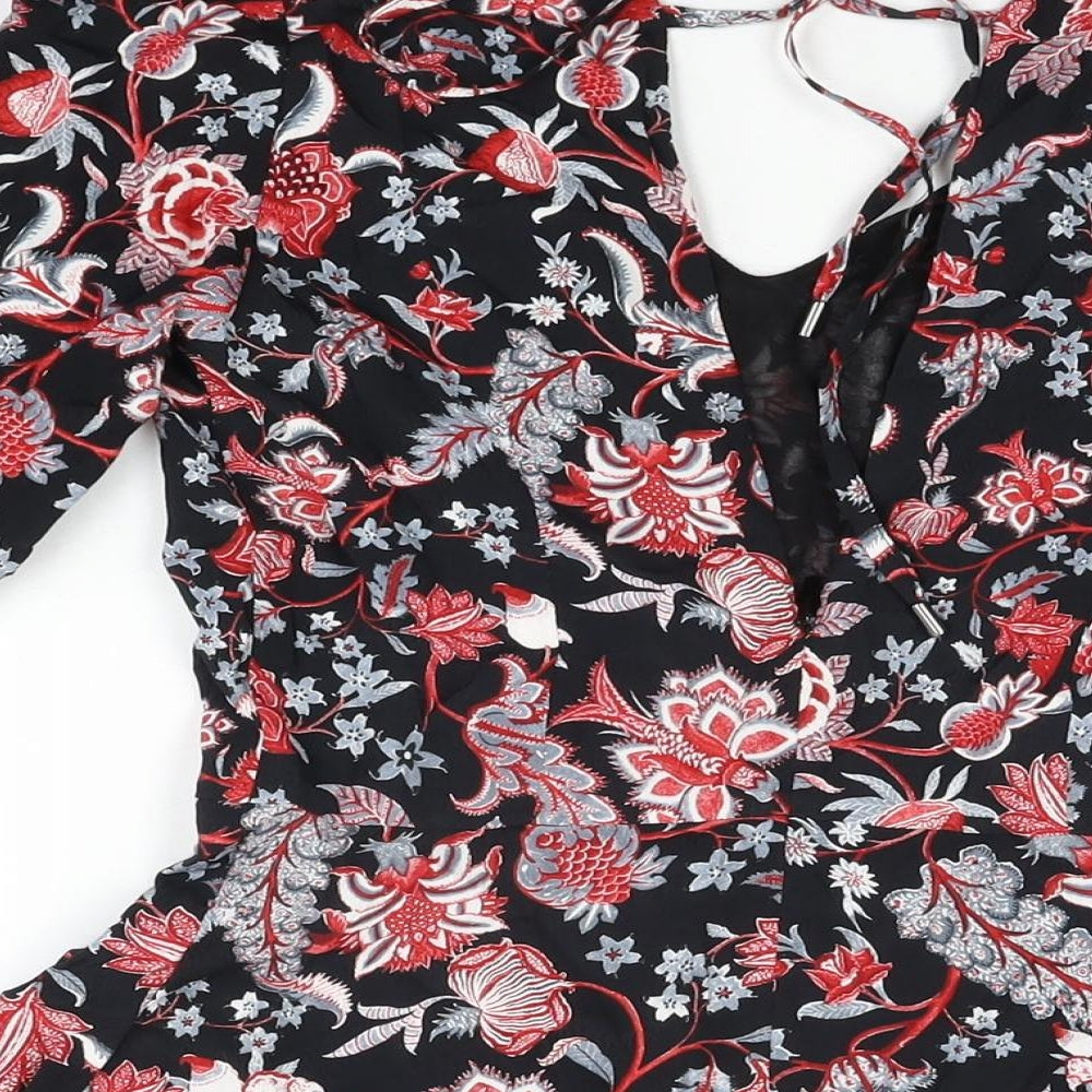Mango Womens Black Floral Viscose Shift Size S V-Neck Zip