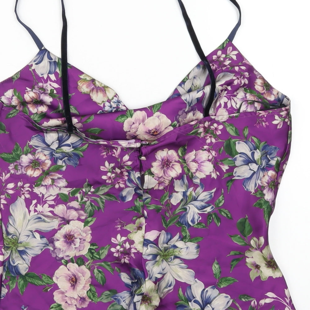 Zara Womens Purple Floral Polyester Camisole T-Shirt Size XS Cowl Neck