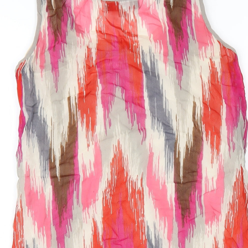 Brand and care label for ASOS women’s multicoloured geometric polyester tank dress, size UK 8, scoop neck pullover