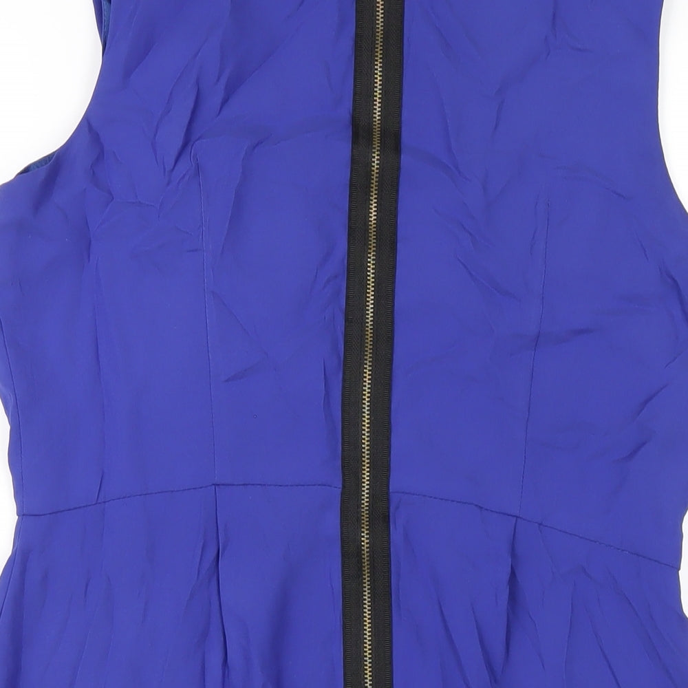 Topshop Womens Blue Polyester A-Line Size 14 Round Neck Zip