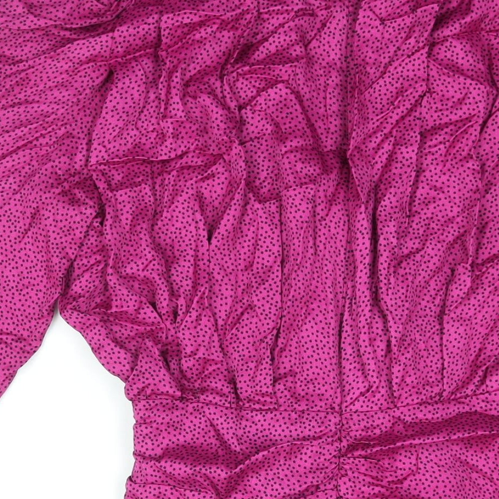 Zara Womens Pink Geometric Viscose Mini Size S V-Neck Zip - Rouched