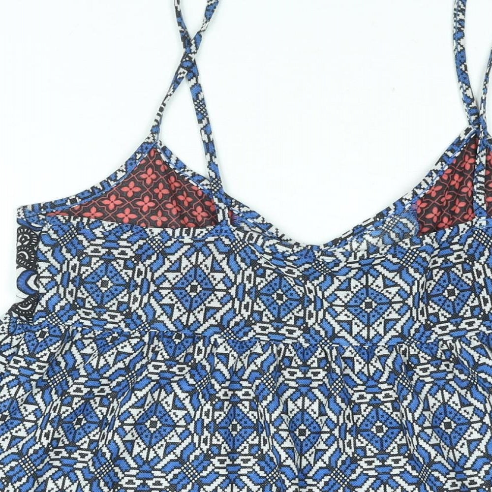 Topshop Womens Blue Geometric Polyester A-Line Size 14 Scoop Neck Pullover - Smocked