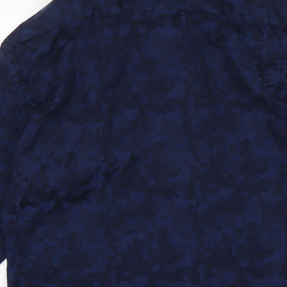 Zara Mens Blue Camouflage Cotton Button-Up Size S Collared Button
