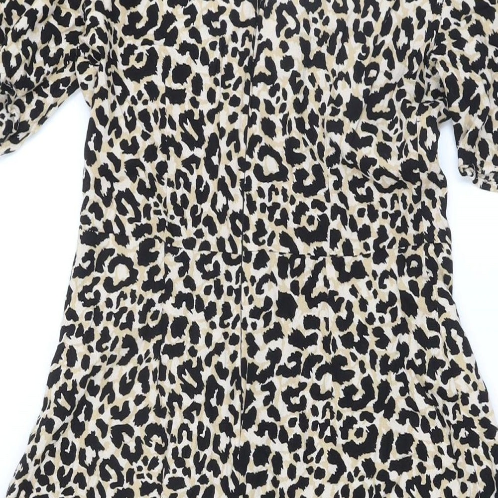 Brand and care label for ASOS women’s beige animal print polyester a-line, size UK 8, scoop neck button