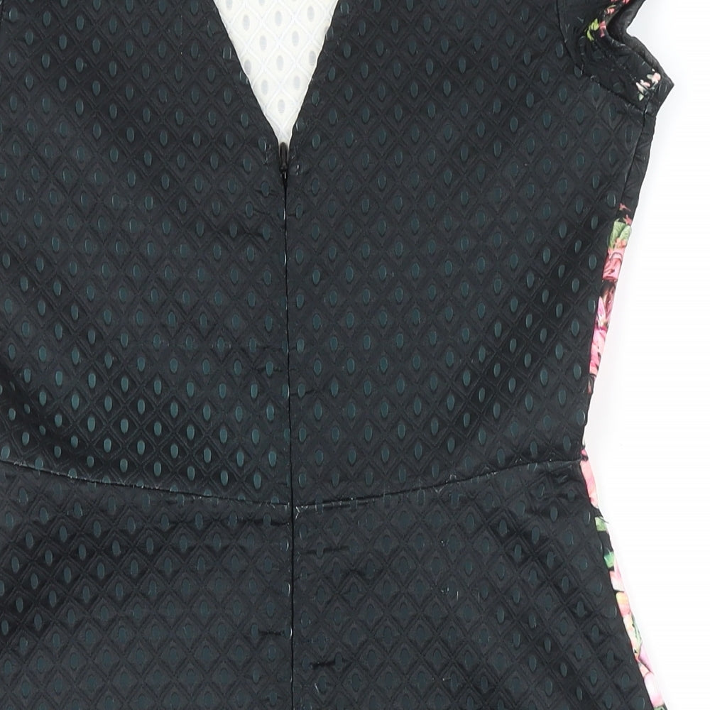 Lipsy Womens Black Floral Polyester A-Line Size 8 Round Neck Zip