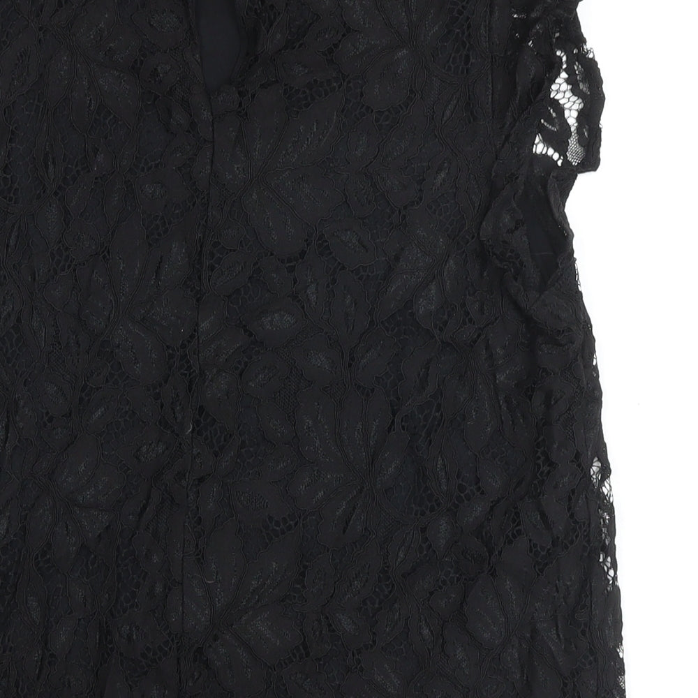 H&M Womens Black Cotton Basic Button-Up Size M Mock Neck - Lace Overlay