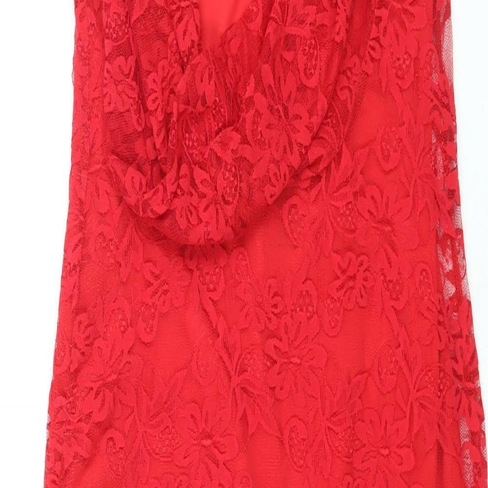 Brand and care label for ASOS women’s red nylon bodycon, size UK 12, round neck pullover - cowl back
