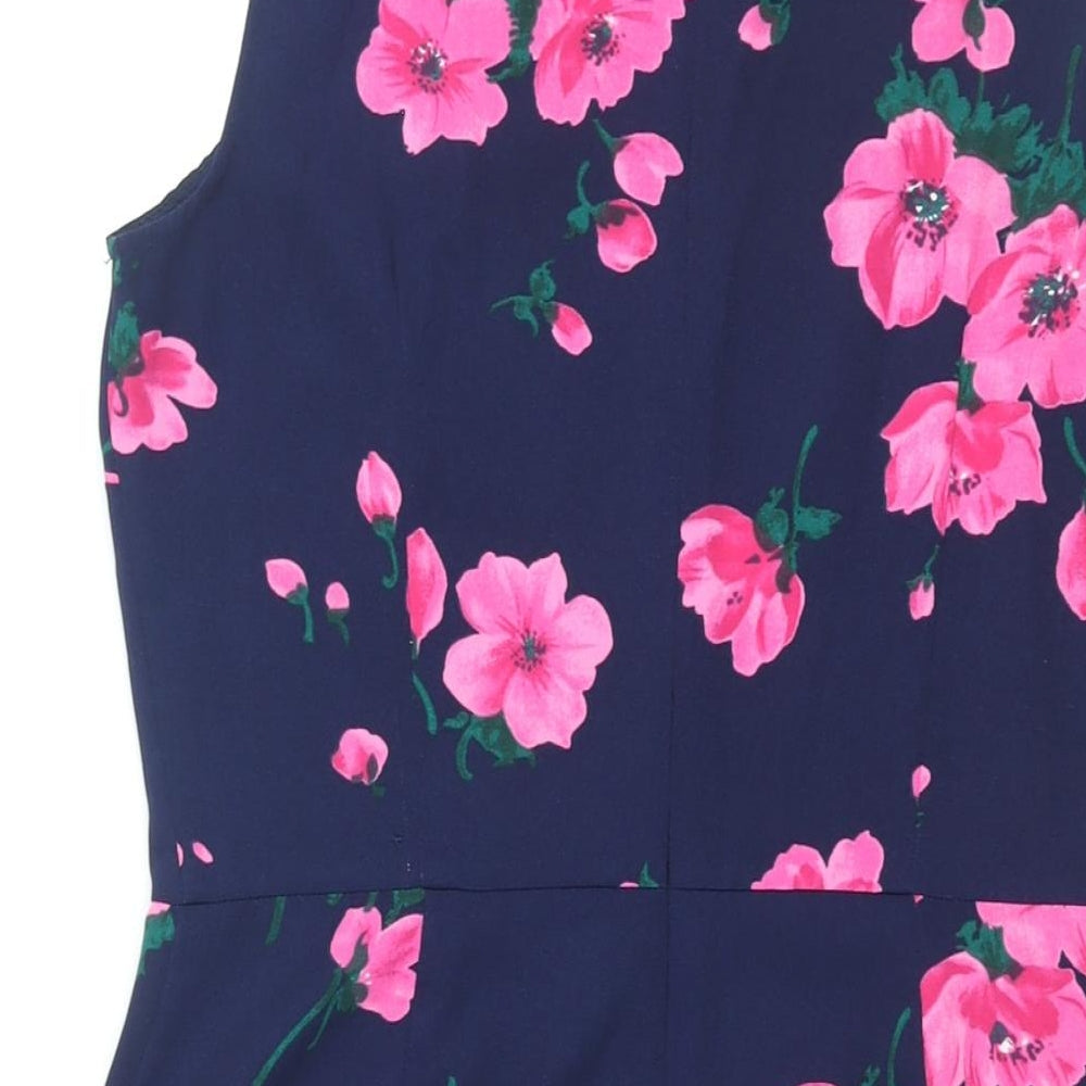 Warehouse Womens Black Floral Polyester Shift Size 12 Round Neck Zip