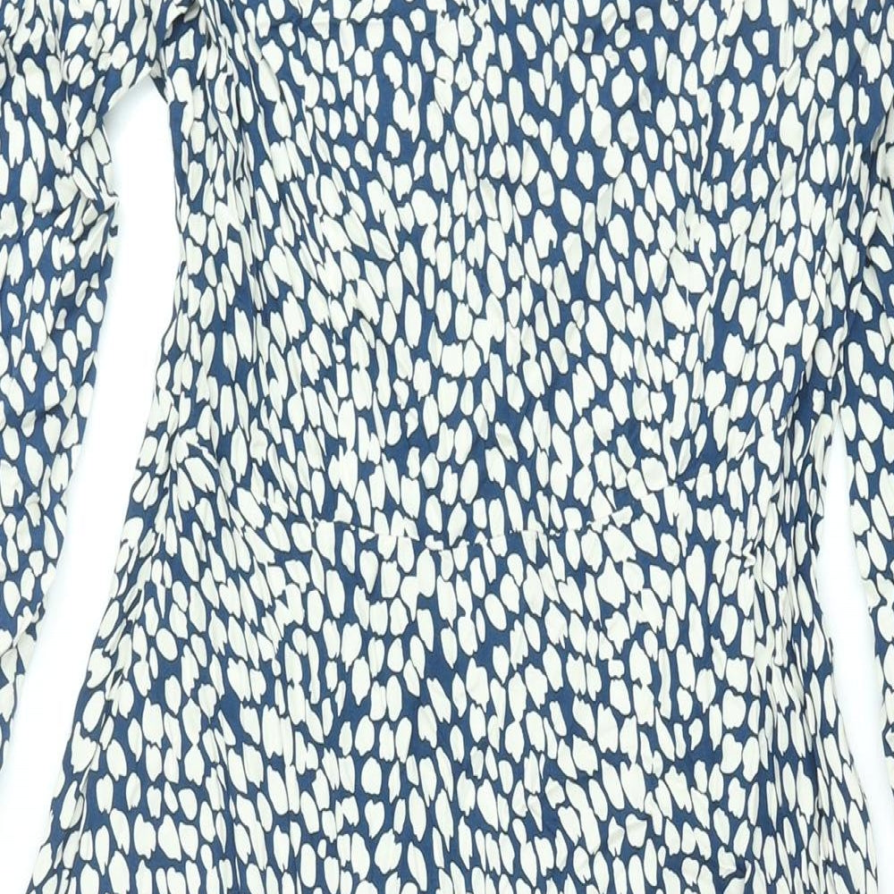 Marks & Spencer Womens Blue Geometric Viscose Shift Size 10 V-Neck Zip - Button Detail