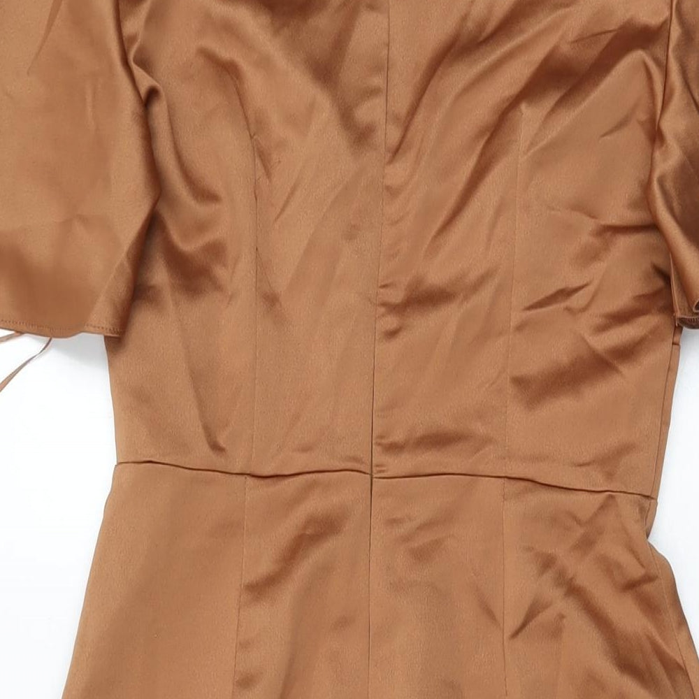 PRETTYLITTLETHING Womens Brown Polyester Shift Size 8 V-Neck Zip