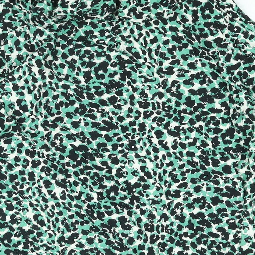 Marks & Spencer Womens Green Animal Print Viscose Basic Blouse Size 10 V-Neck - Frill Leopard Print