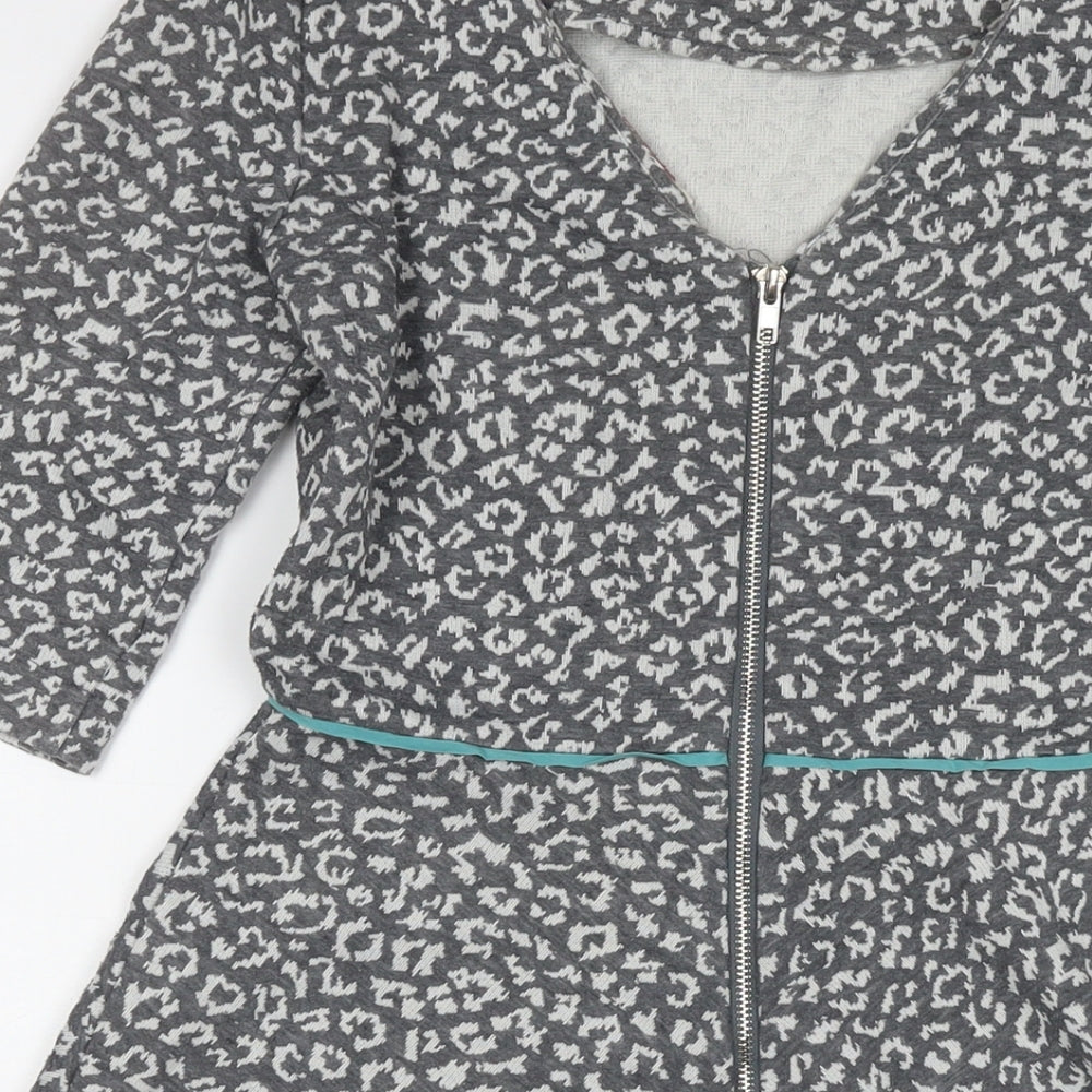 Louche Womens Grey Animal Print Polyester A-Line Size 12 Round Neck Zip