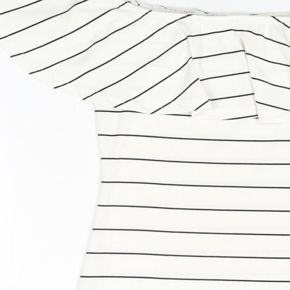 Missguided Womens White Striped Polyester Bodycon Size 8 Off the Shoulder Pullover