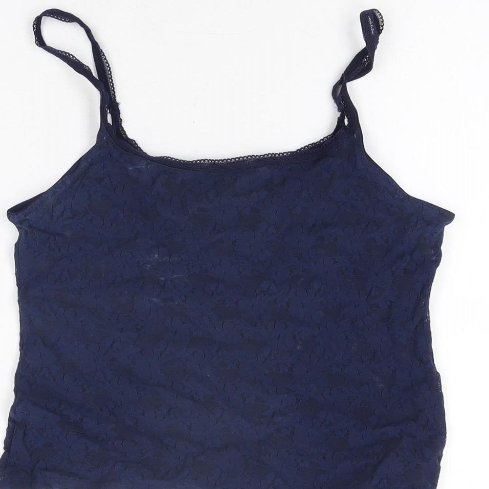 Marks & Spencer Womens Blue Floral Polyamide Cropped T-Shirt Size 12 Round Neck