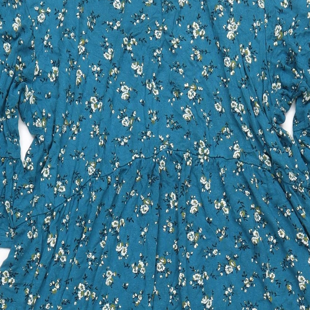 Boohoo Womens Blue Floral Viscose A-Line Size 16 Round Neck Pullover